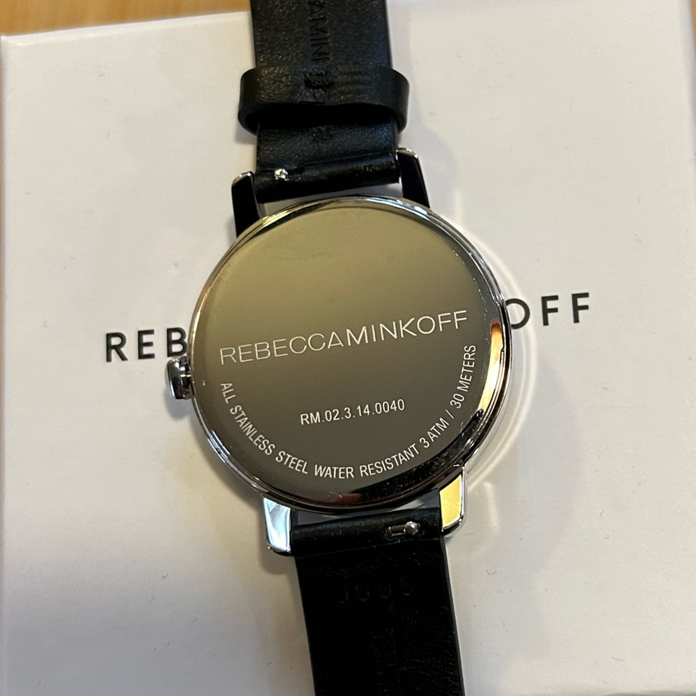 REBECCA MINKOFF WATCH WITH 36mm SILVER FACE & BLACK BEADED LEATHER BAND - Picture 3 of 6